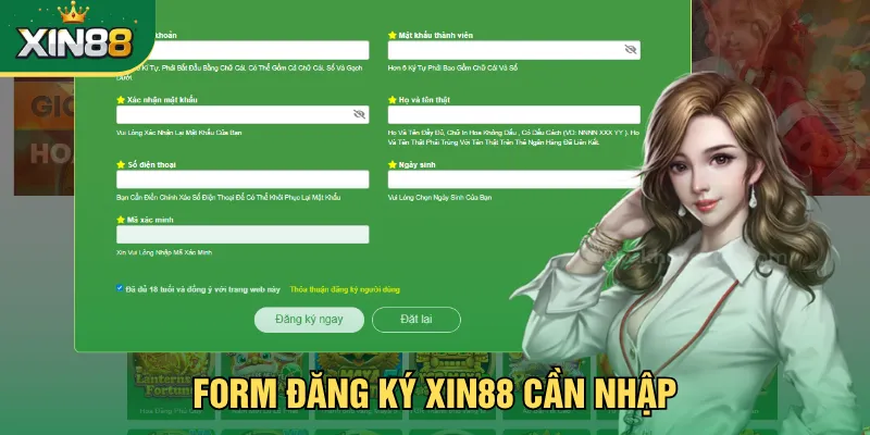 Form đăng ký Xin88 cần nhập
